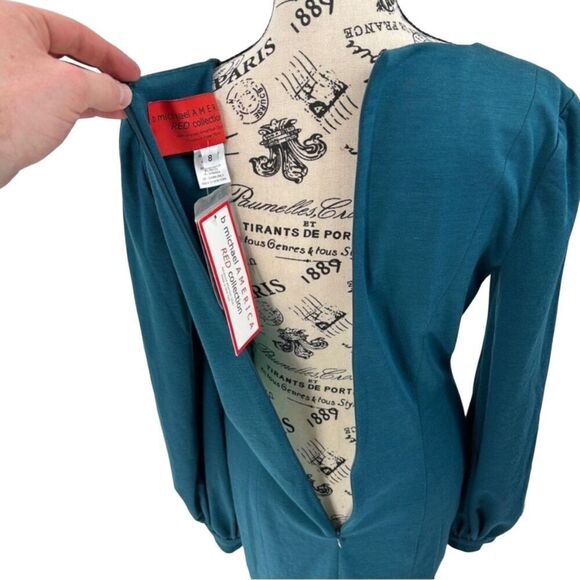 B Michael America Red Collection V Neck Long Sleeve Midi Dress Teal NWT Size 8 - Picture 3 of 13